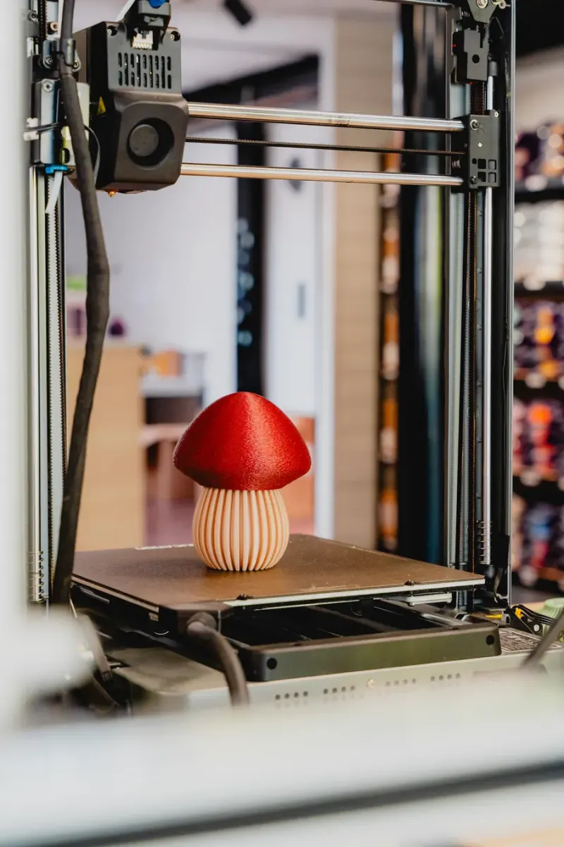 Een 3D-printer print een rode paddenstoel bij 3DUCATION