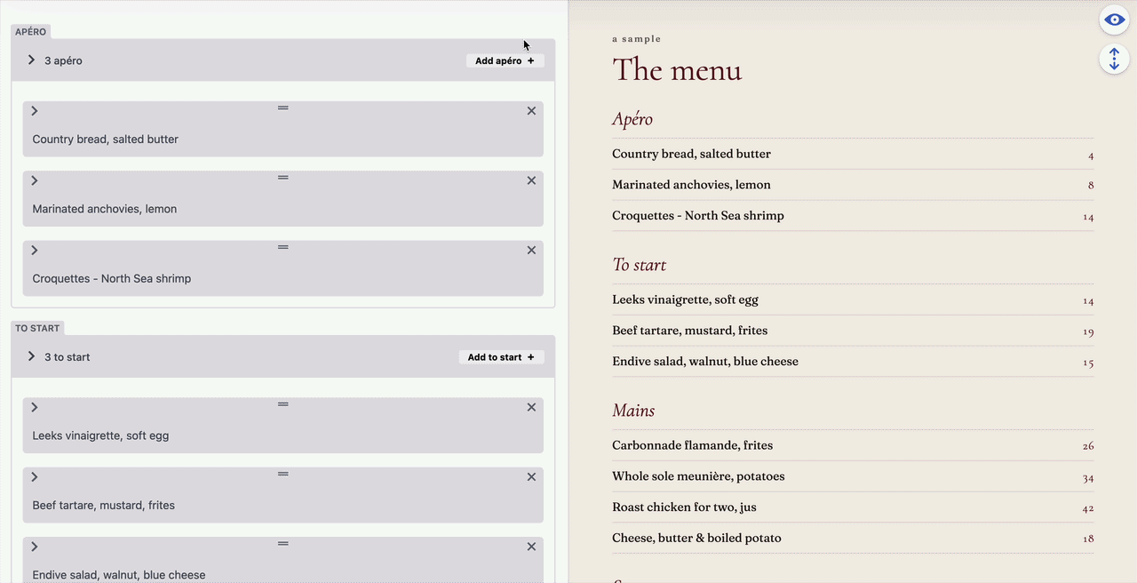 Het menu-CMS van Brasserie Française in actie